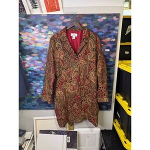 Erin London Womens XL Paisley Tapestry Car Coat Red Gold Textured Lined Jacket